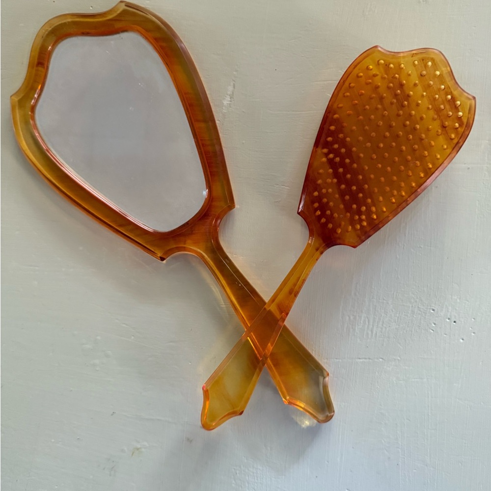 Vintage Amber Lucite Vanity Set Hand Mirror Hair Brush  MidCentury Retro Decor